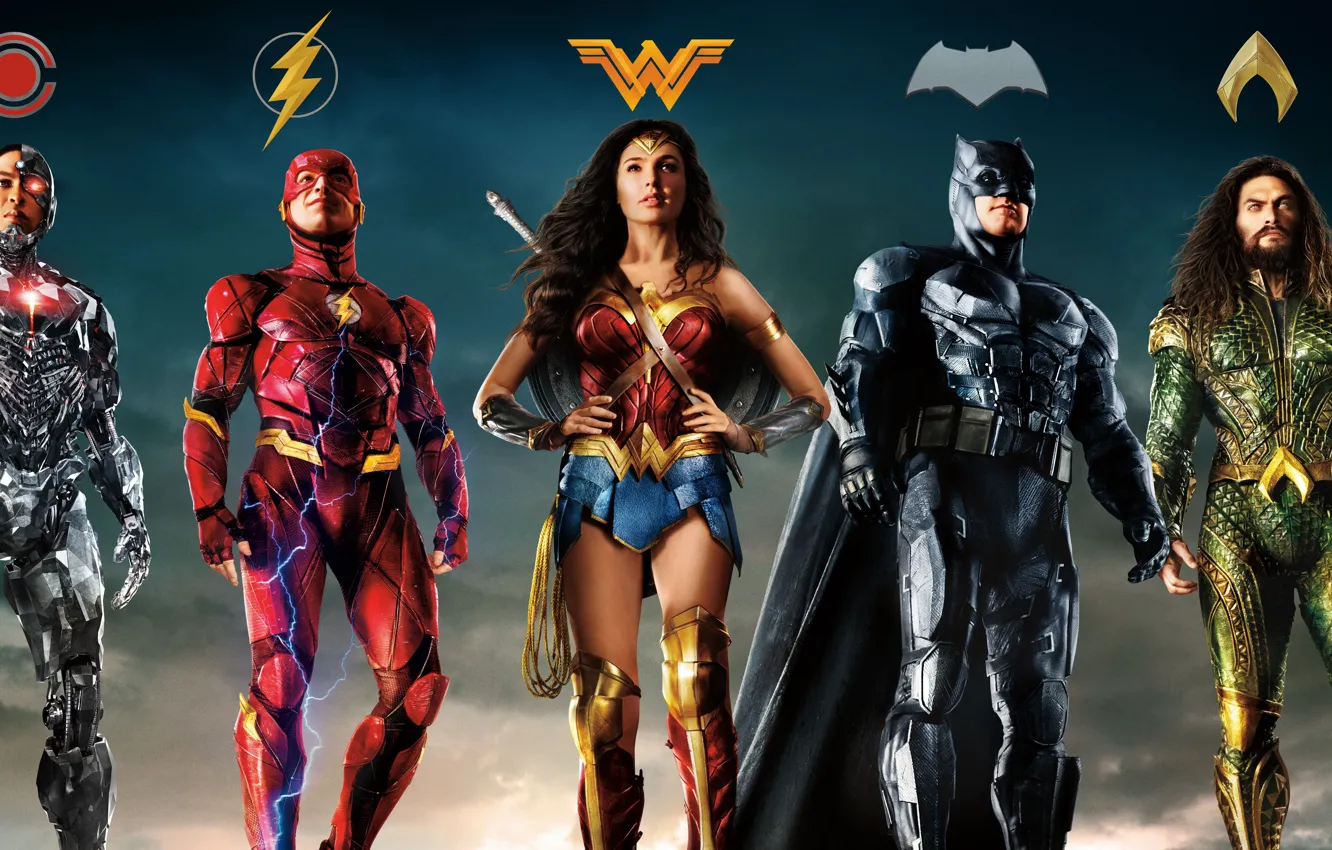 Photo wallpaper Wonder Woman, Batman, movie, cyborg, DC Comics, Aquaman, Jason Momoa, Gal Gadot