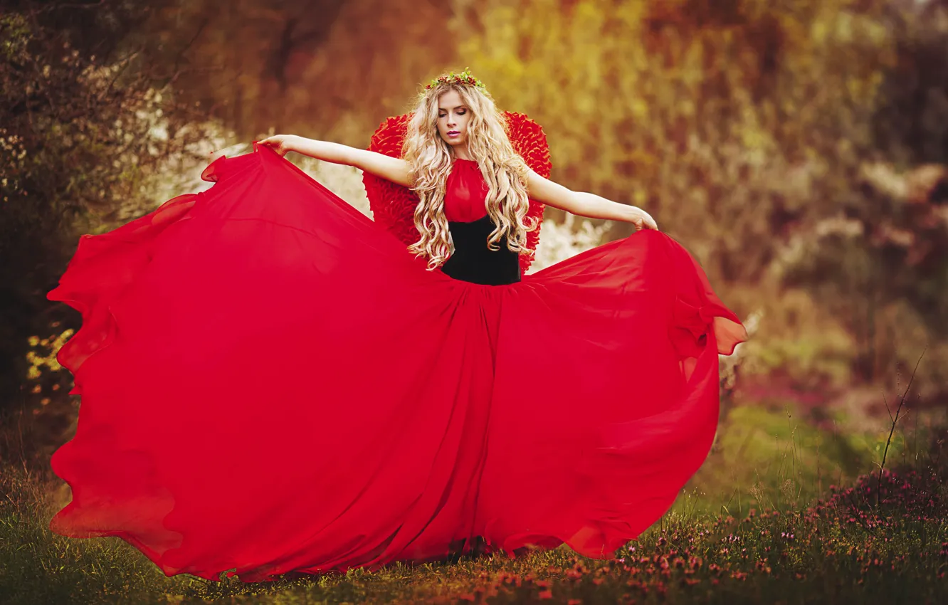 Photo wallpaper greens, girl, wings, blonde, wreath, curls