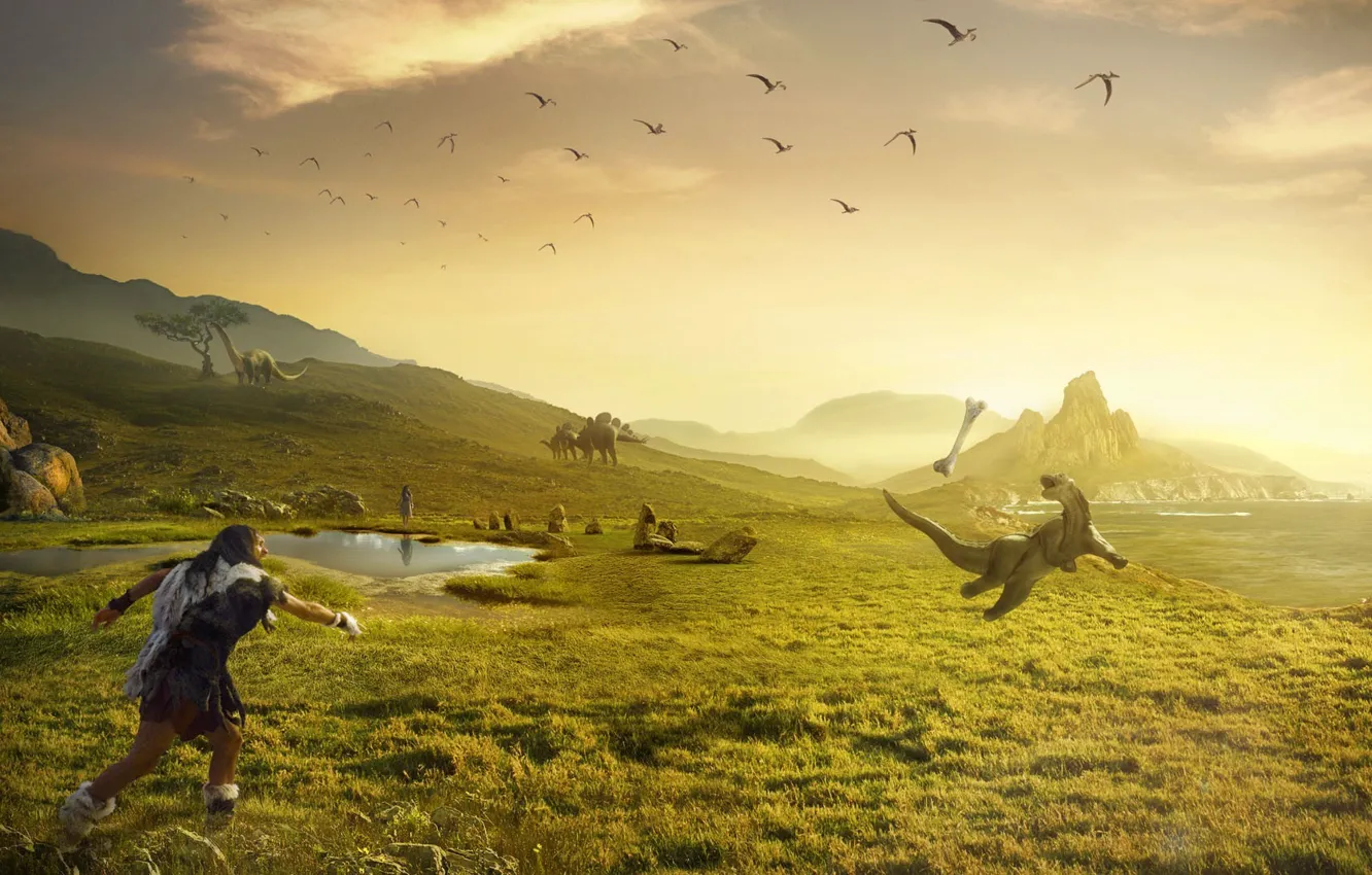 Photo wallpaper grass, dinosaur, bones