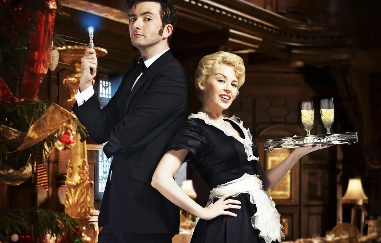 Photo wallpaper smile, costume, the waitress, Doctor Who, Kylie Minogue, tray, Doctor Who, tuxedo