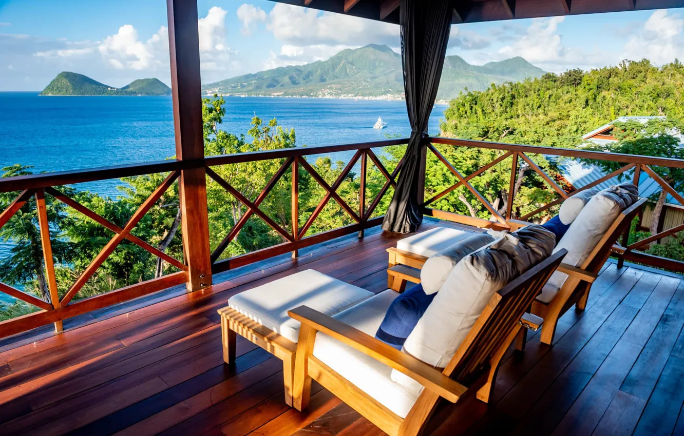 Photo wallpaper sea, mountains, chair, balcony, the hotel, Caribbean, Dominica