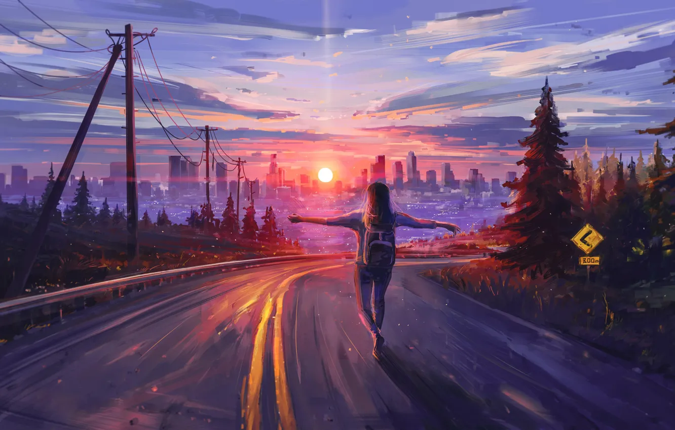 Photo wallpaper road, the sky, girl, the sun, clouds, trees, sunset, city