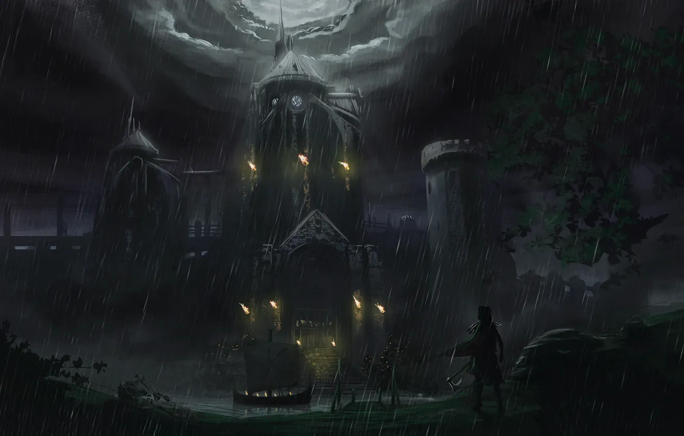 Photo wallpaper night, lights, rain, ship, fantasy, art, torch, fortress