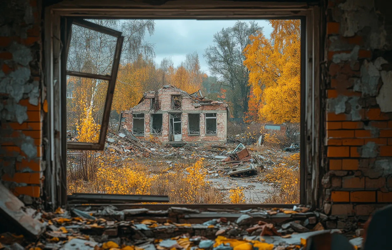 Photo wallpaper autumn, trees, stones, frame, home, brick, window, devastation