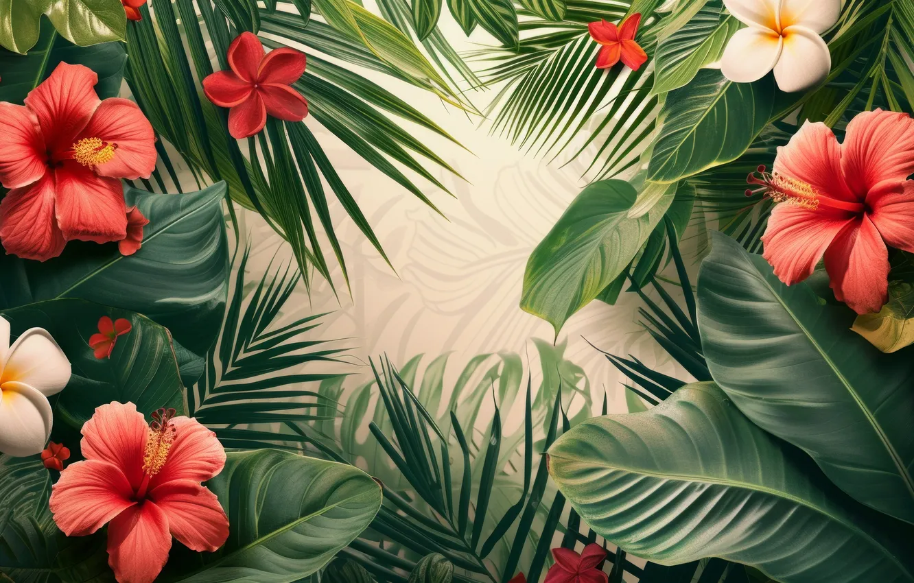 Photo wallpaper leaves, flowers, tropics, texture, frame, Exotic, Tropical Plants, AI art