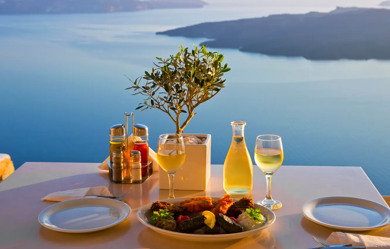 Photo wallpaper sea, wine, shadow, meat, sea, wine, serving, meat