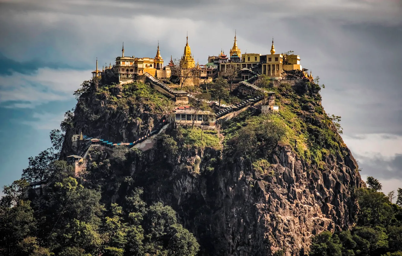 Photo wallpaper the sky, clouds, trees, mountains, stones, rocks, height, ladder
