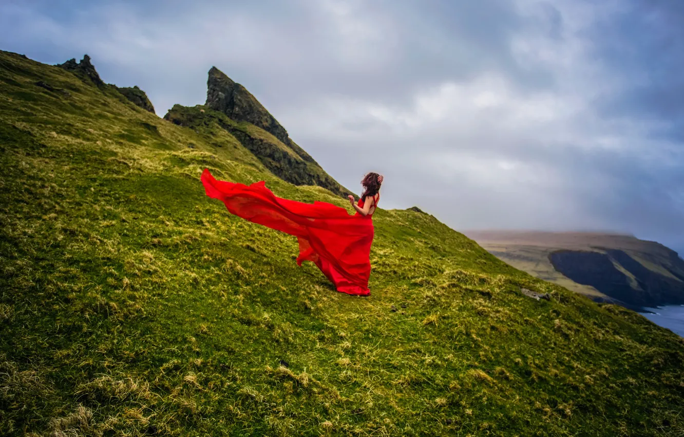 Photo wallpaper girl, coast, Denmark, red dress, Faroe Islands, Faroe Islands, Denmark, Mykines