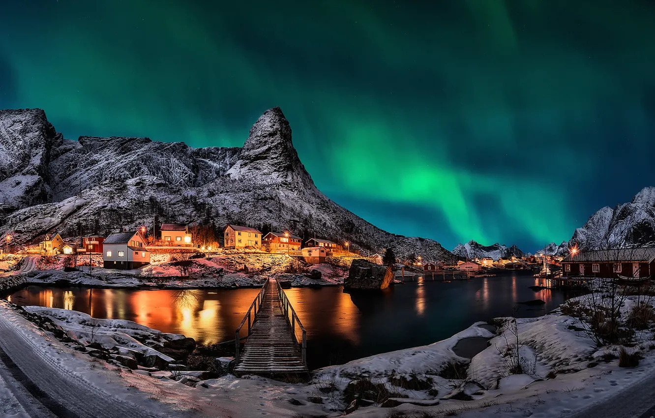 Photo wallpaper mountains, night, lights, Northern lights, Norway, the village