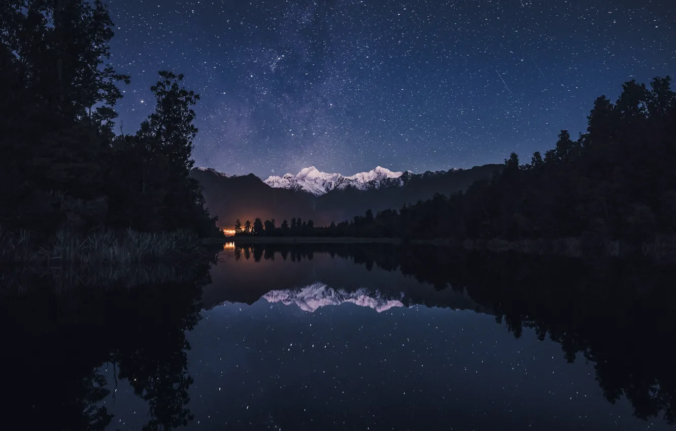 Photo wallpaper forest, the sky, stars, mountains, night, lake, New Zealand