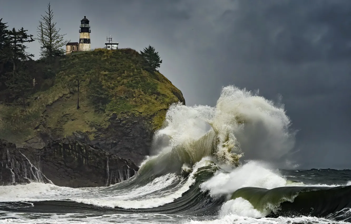 Photo wallpaper wave, lighthouse, United States, Washington, Pacific City