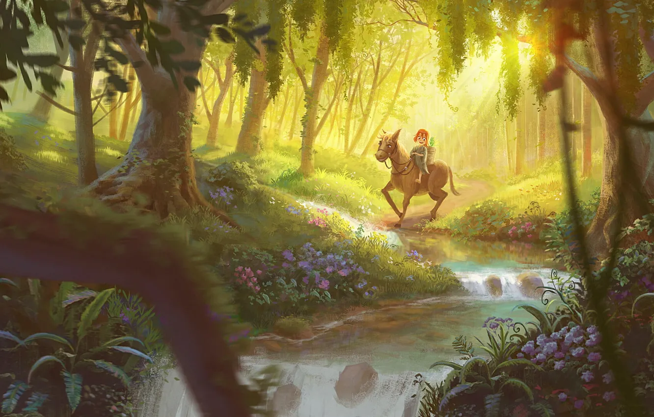 Photo wallpaper forest, trees, flowers, stream, river, forest, river, trees