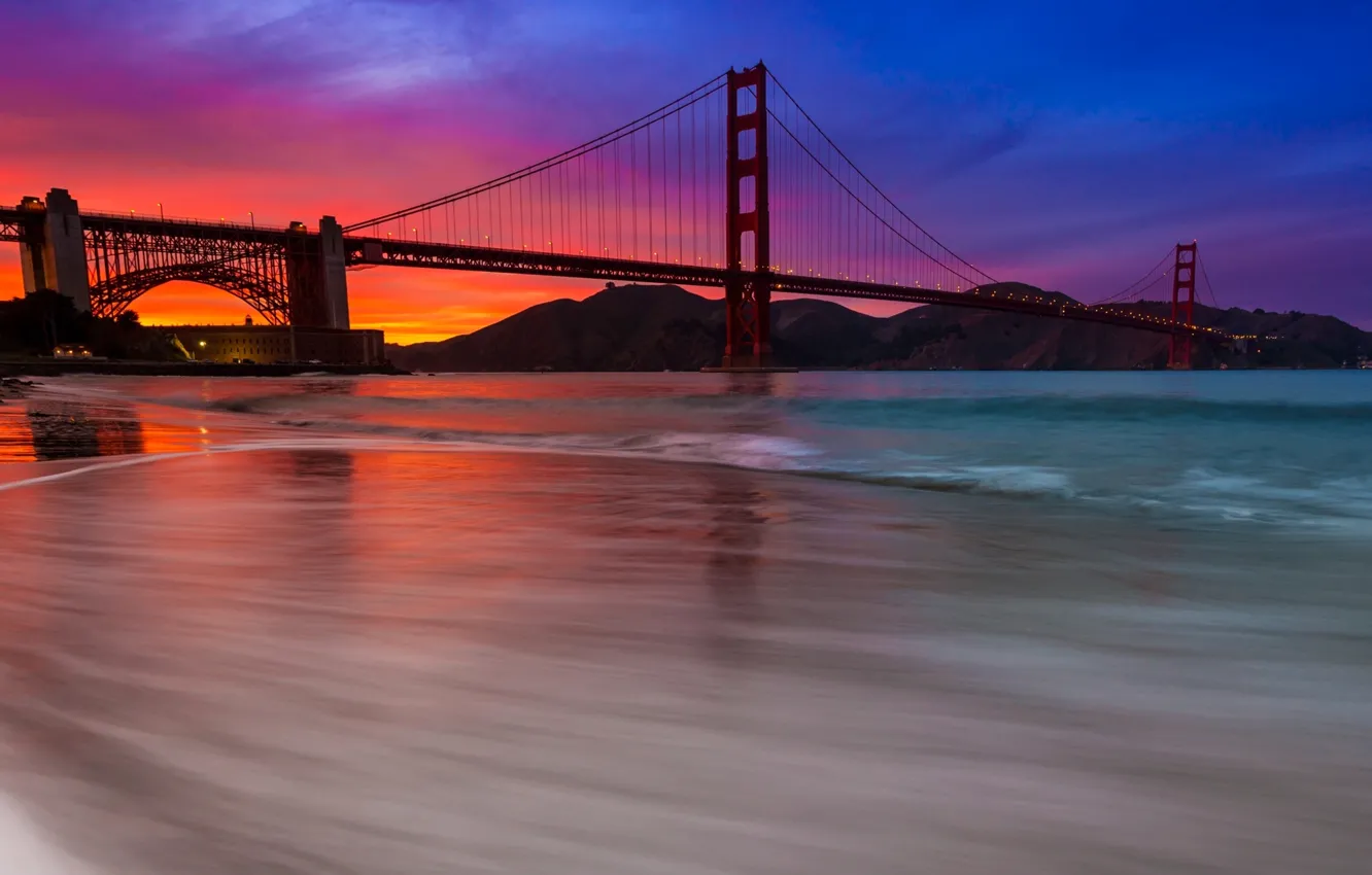 Photo wallpaper the sky, clouds, sunset, mountains, bridge, Bay, glow, San Francisco