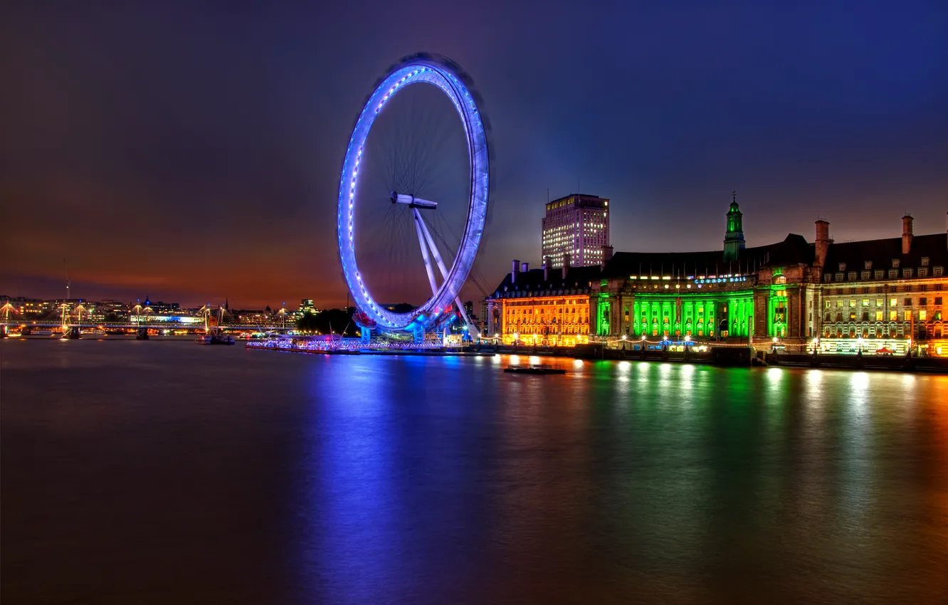 Photo wallpaper lights, river, England, London, building, the evening, backlight, UK