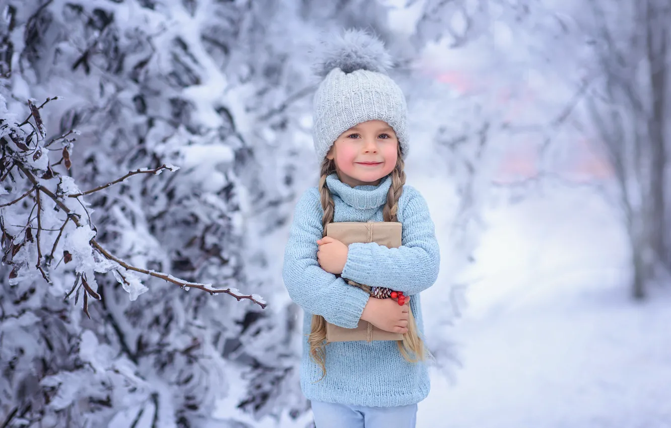 Photo wallpaper winter, snow, branches, nature, girl, braids, baby, child