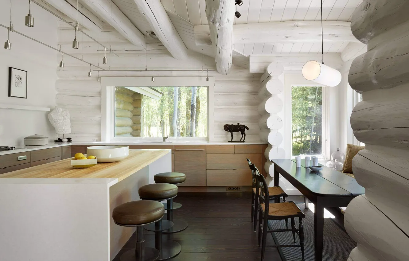 Photo wallpaper trees, interior, kitchen, country house