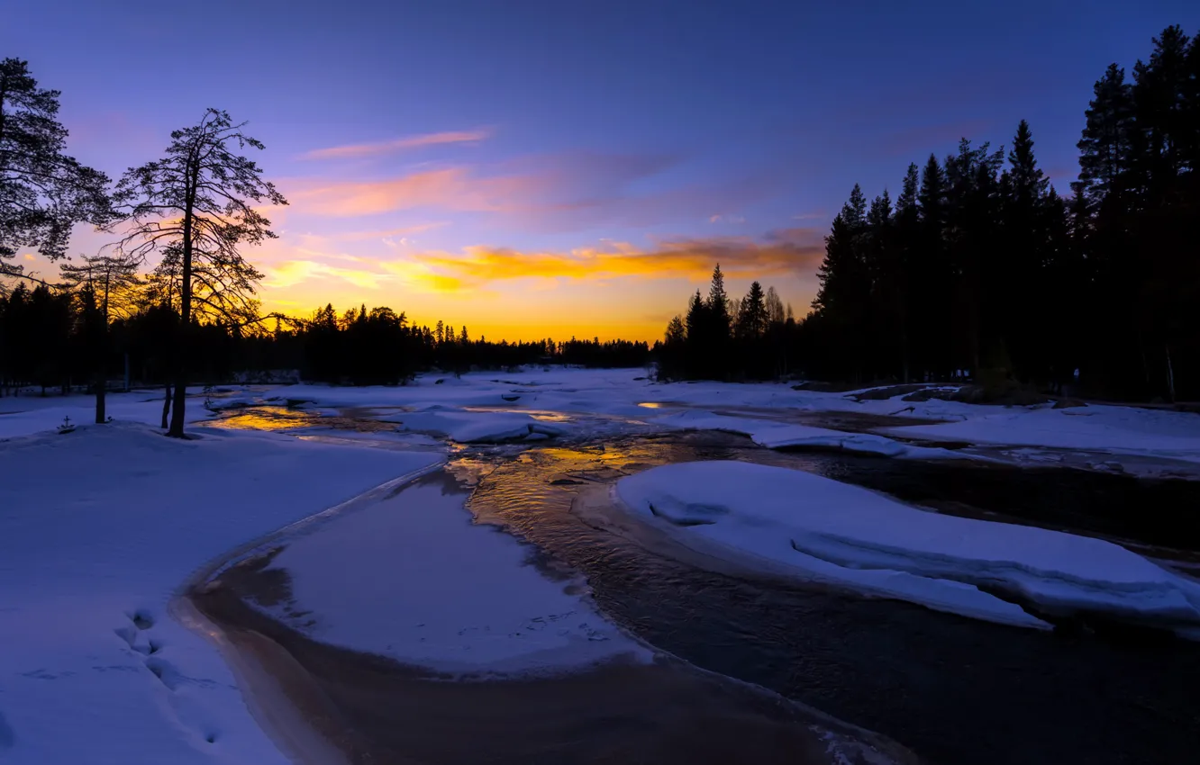 Photo wallpaper snow, sunset, nature, river