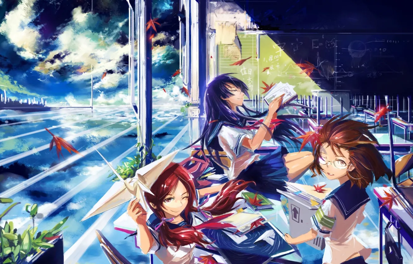 Photo wallpaper leaves, girl, clouds, Board, art, form, class, school