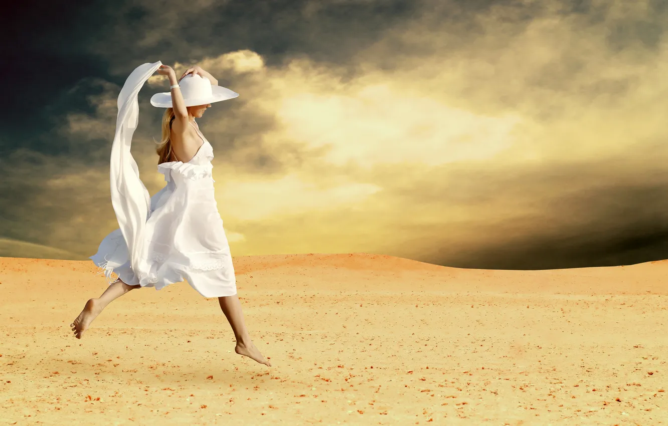 Photo wallpaper sand, girl, clouds, jump, blonde, fabric, hat