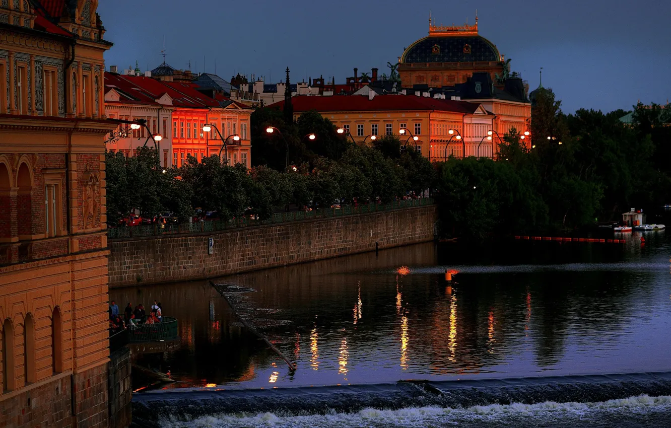 Photo wallpaper trees, lights, river, home, the evening, Prague, Czech Republic, lights