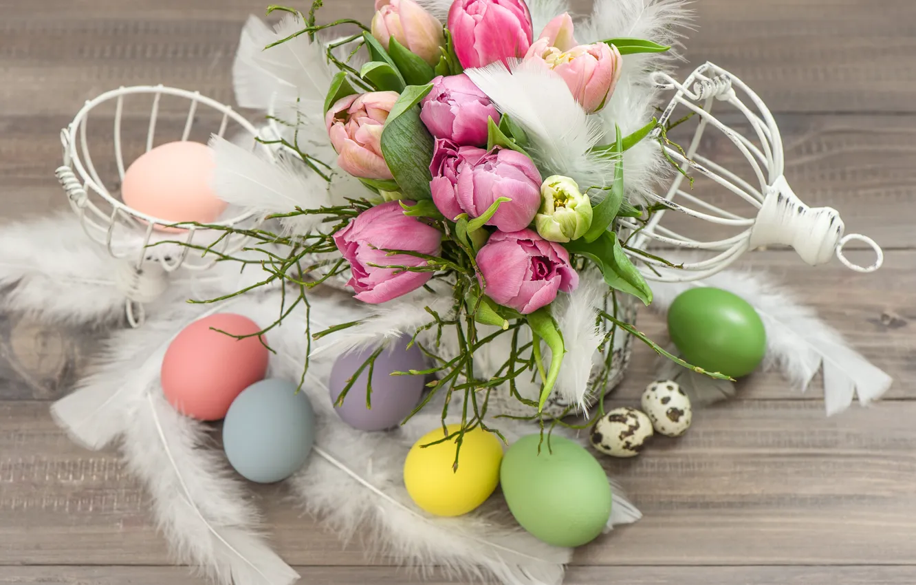 Photo wallpaper flowers, eggs, Easter, tulips, Easter eggs