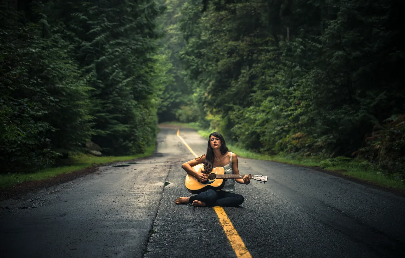 Photo wallpaper road, girl, music, guitar