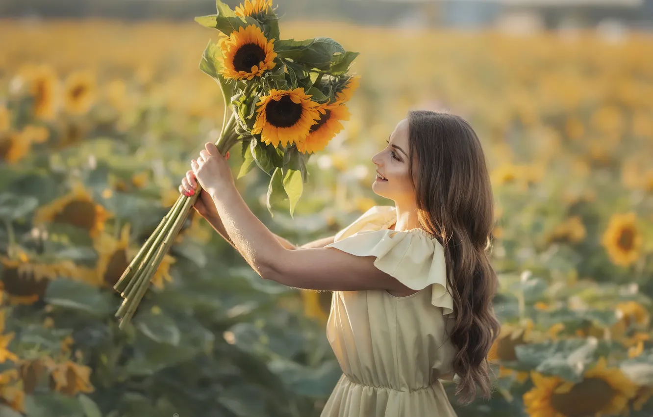 Photo wallpaper field, summer, girl, joy, sunflowers, nature, smile, bouquet