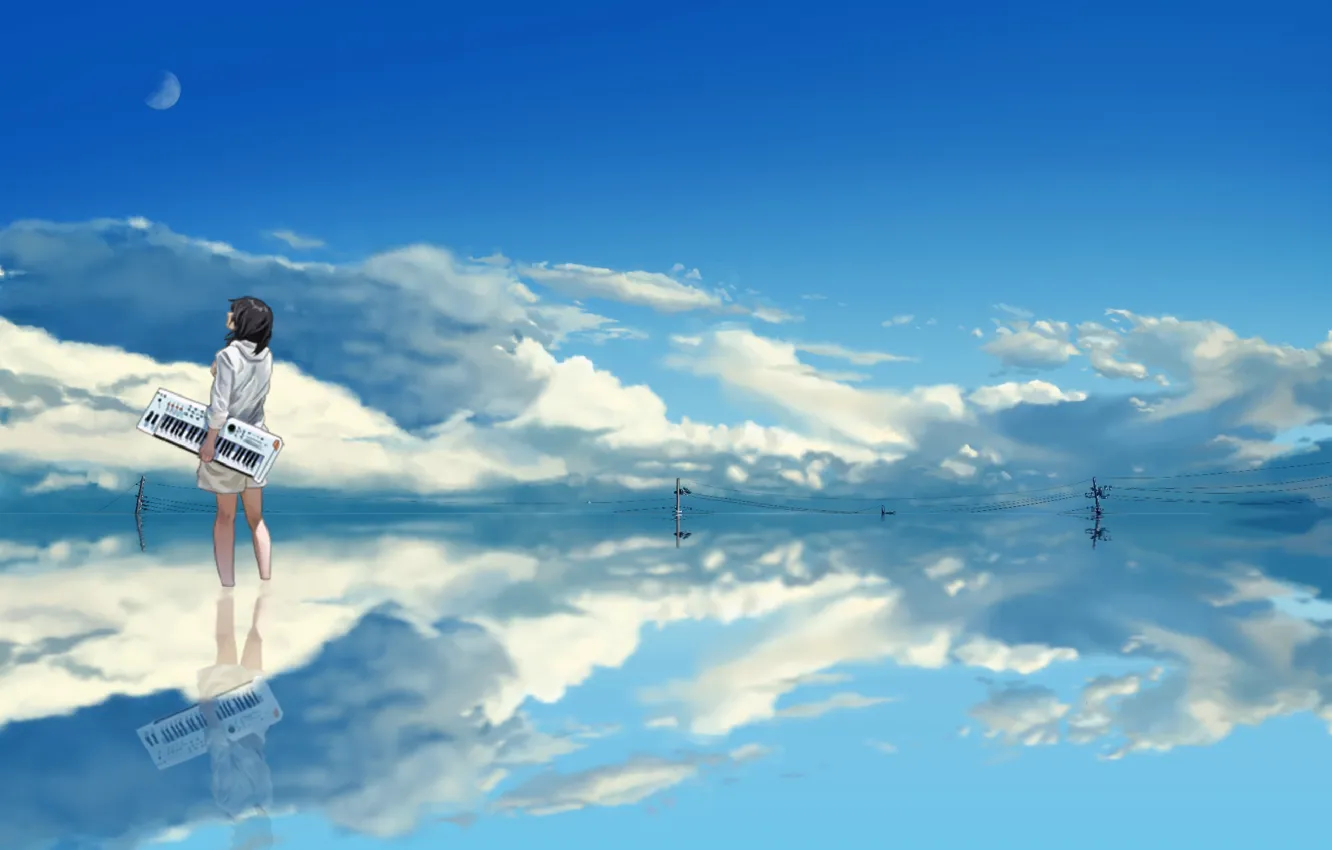 Photo wallpaper the sky, water, girl, the moon, synth