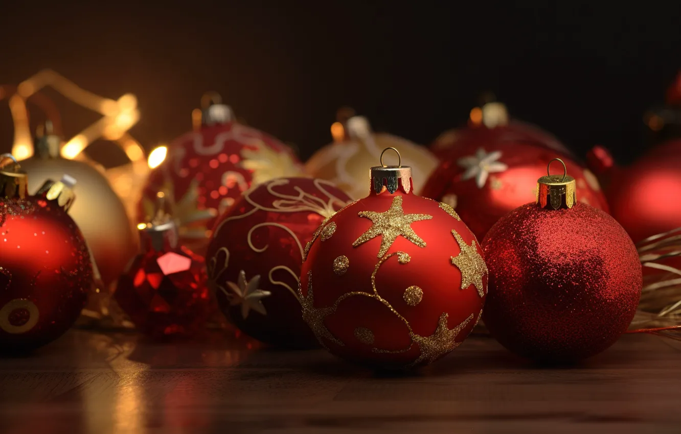 Photo wallpaper background, balls, New Year, Christmas, red, golden, new year, happy