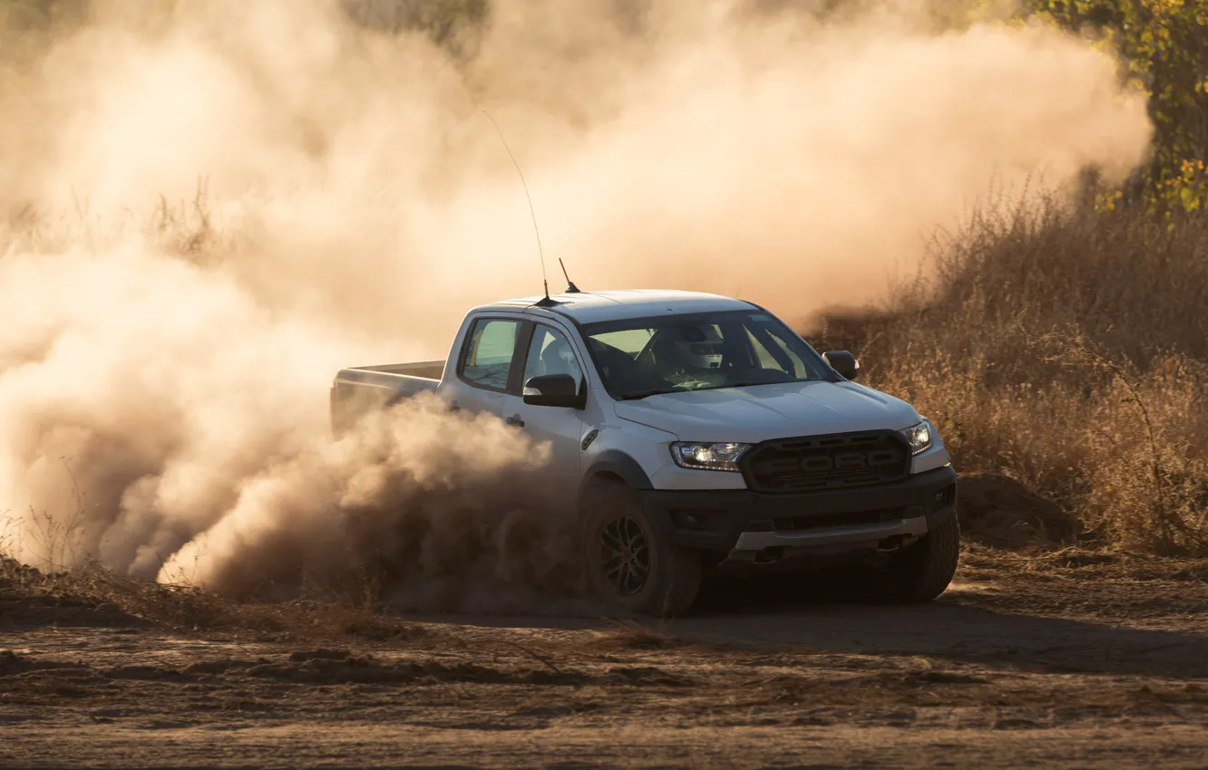 Photo wallpaper white, Ford, dust, turn, Raptor, pickup, 2018, Ranger