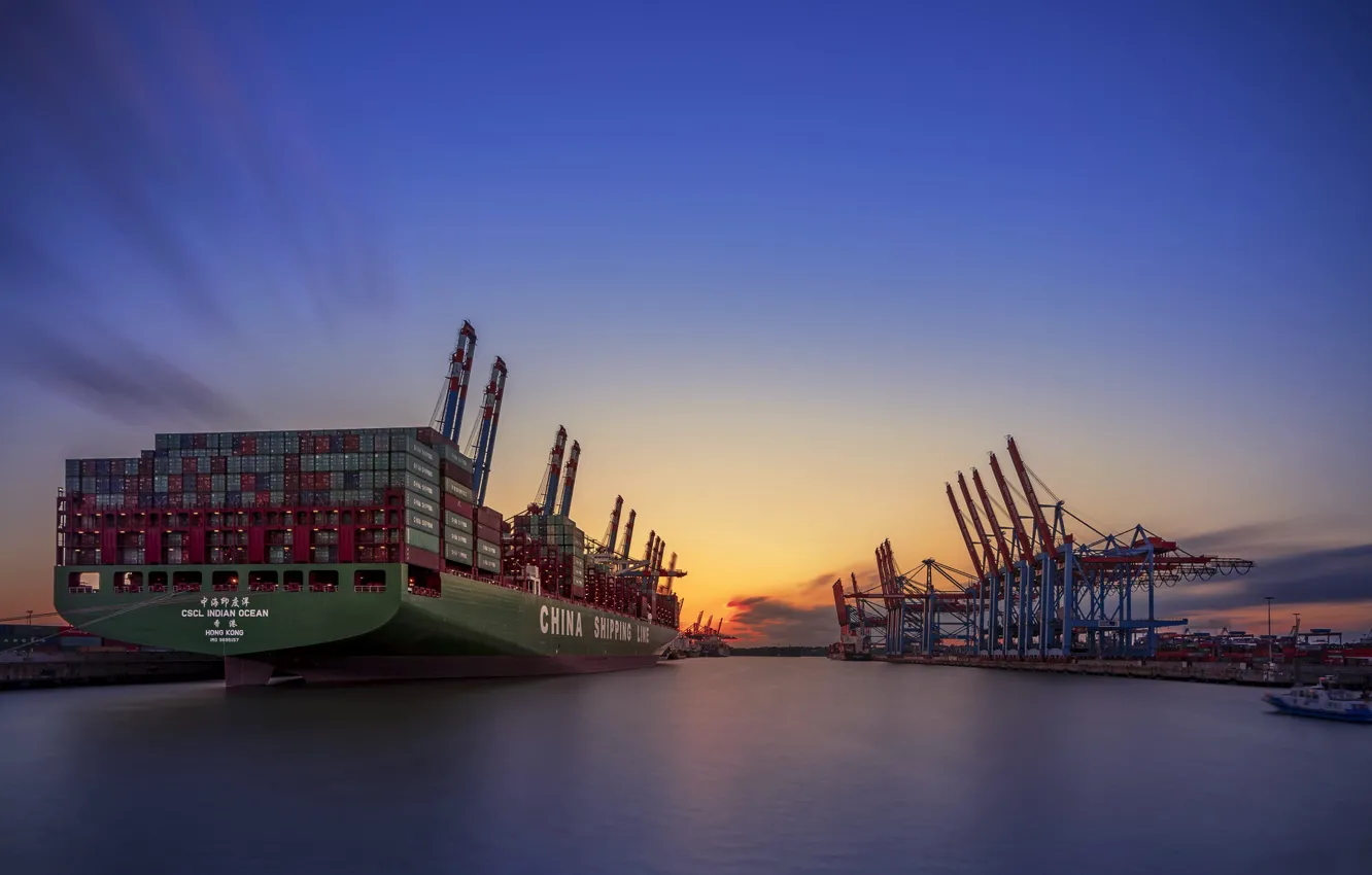 Photo wallpaper sunset, ships, port, Hamburg