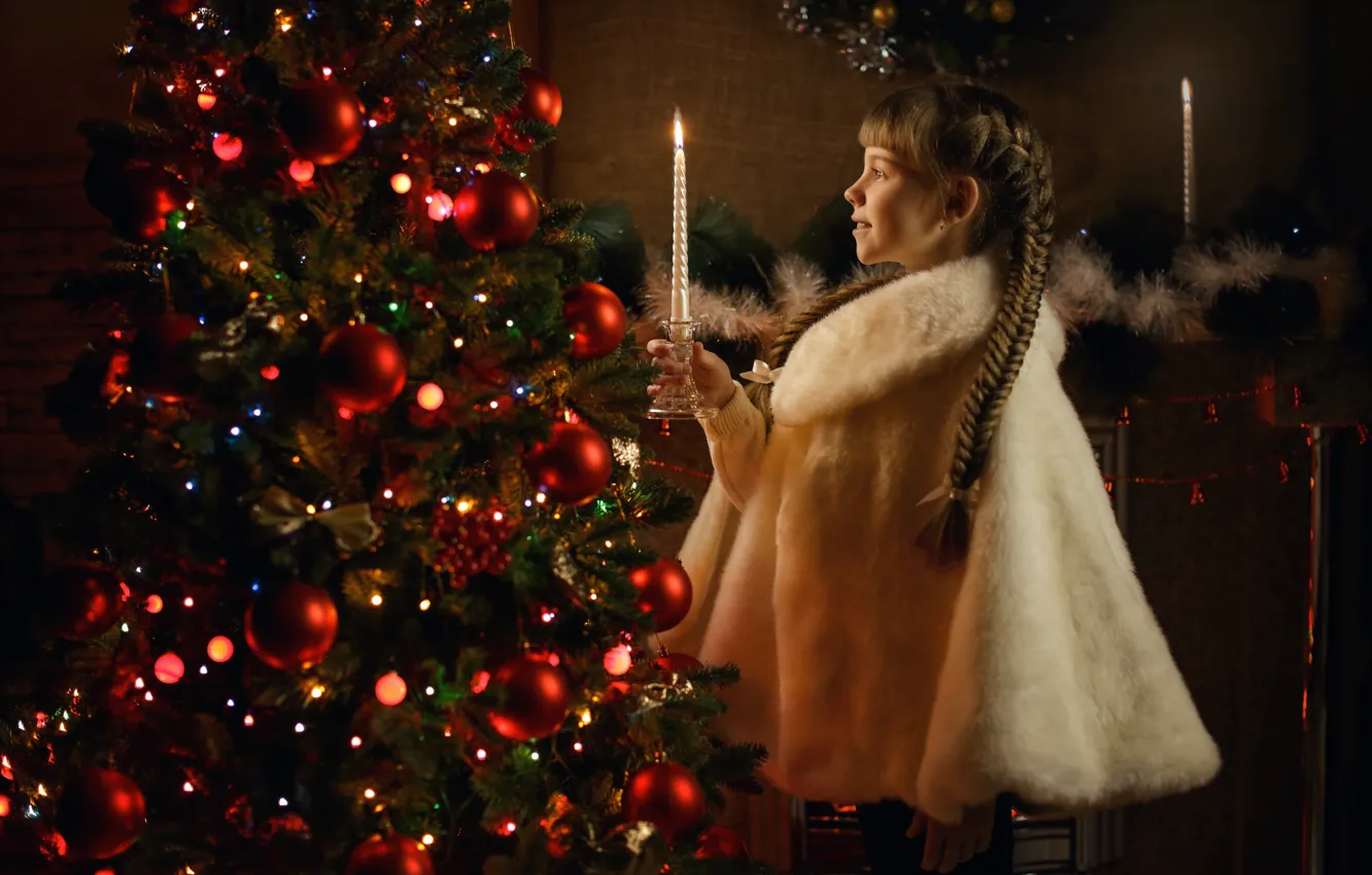 Photo wallpaper holiday, new year, candles, girl, tree, child, Christmas decorations, George Bondarenko