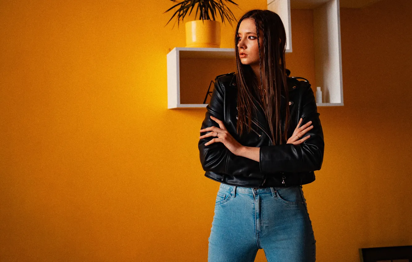 Photo wallpaper girl, model, jeans, cute, long-haired