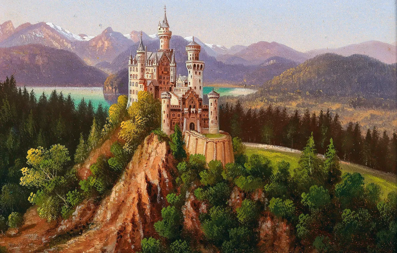 Photo wallpaper trees, mountains, castle, picture, Germany, Bayern, Germany, Neuschwanstein
