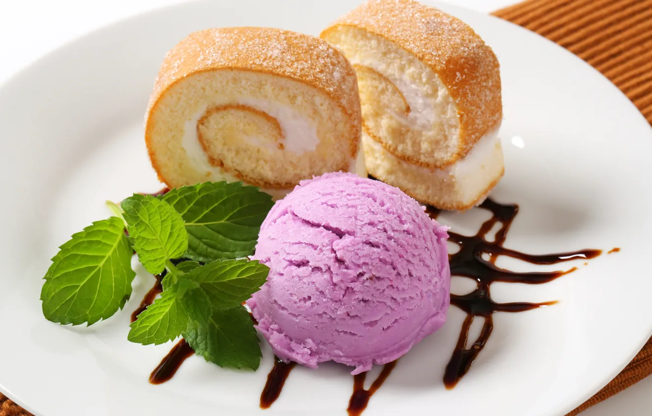 Photo wallpaper foliage, plate, ice cream, balls, cake, mint, dessert, cakes