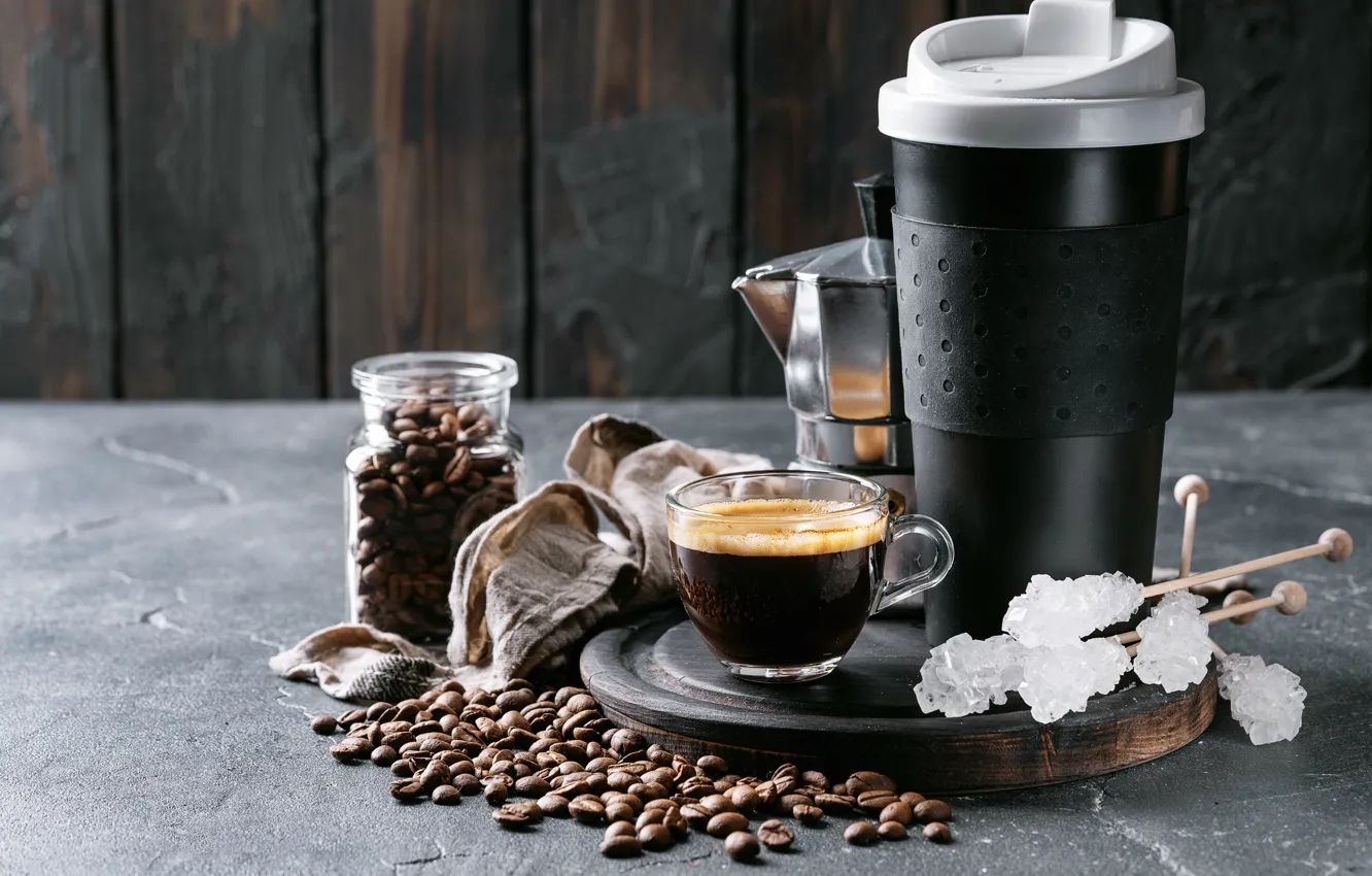 Photo wallpaper coffee, grain, Bank, sugar, coffee, espresso, Roman Dbree