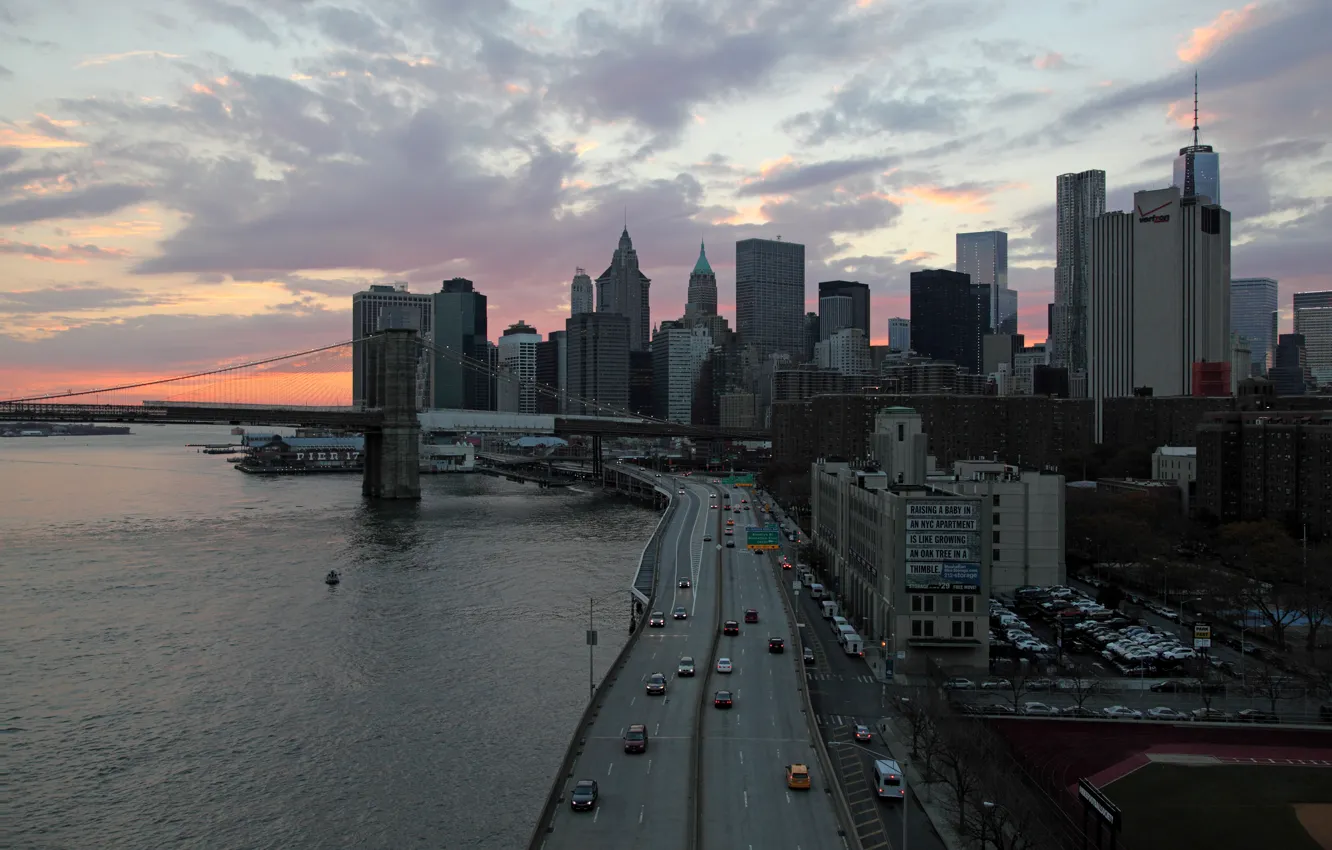 Photo wallpaper USA, United States, bridge, water, New York, Manhattan, New York City, Skyline