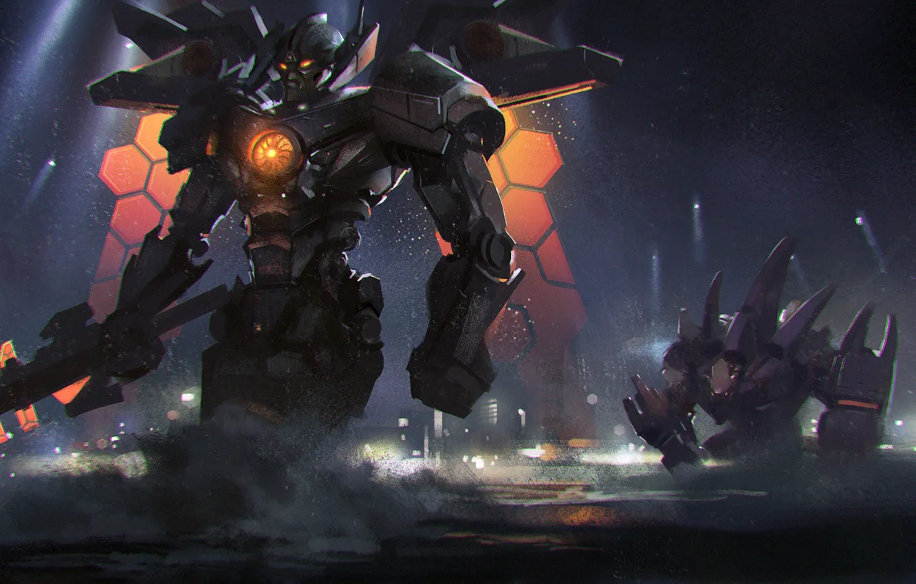 Photo wallpaper sea, night, robot, sword, art, mech