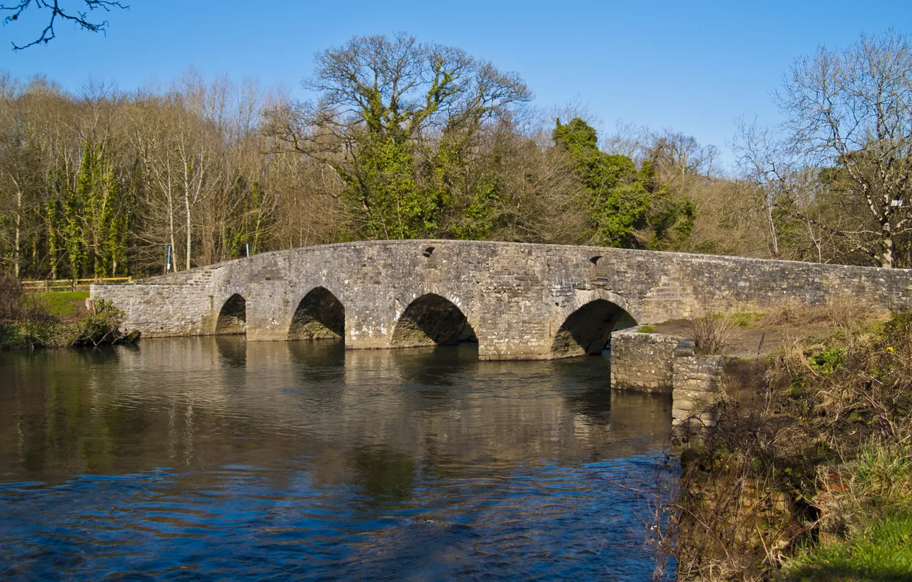 Photo wallpaper the sky, trees, bridge, river, arch