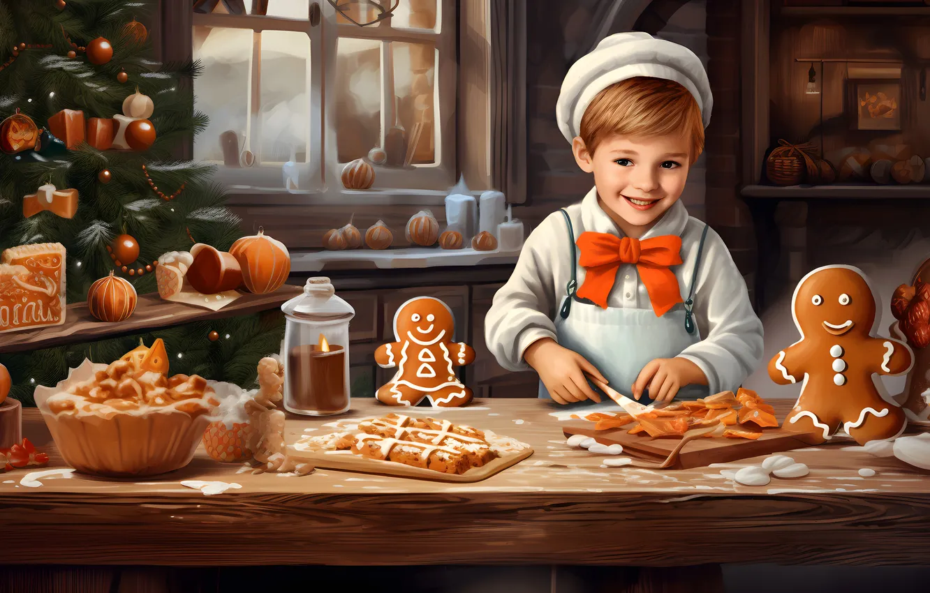 Photo wallpaper joy, children, smile, table, gift, tree, new year, boy