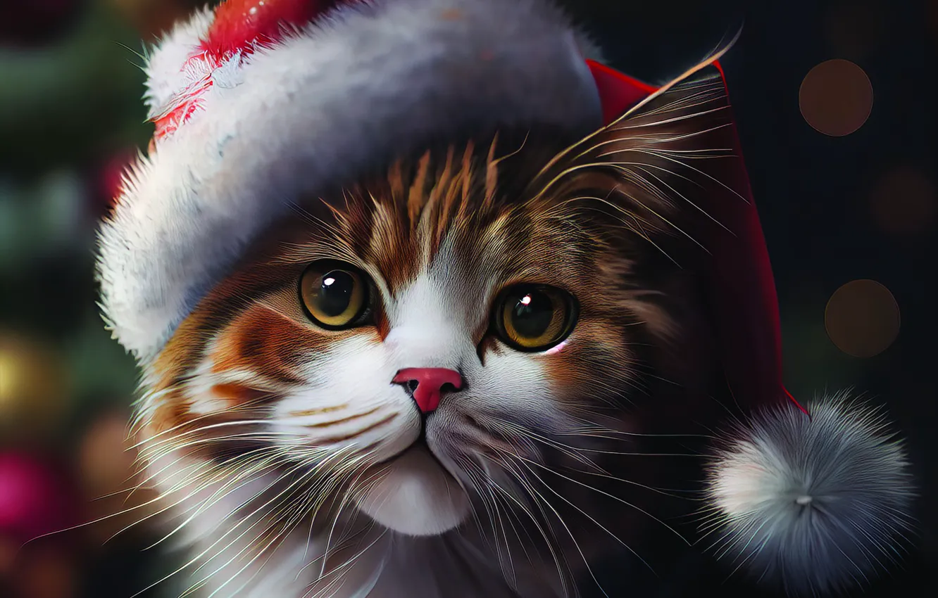 Photo wallpaper cat, cat, look, the dark background, kitty, red, Christmas, New year