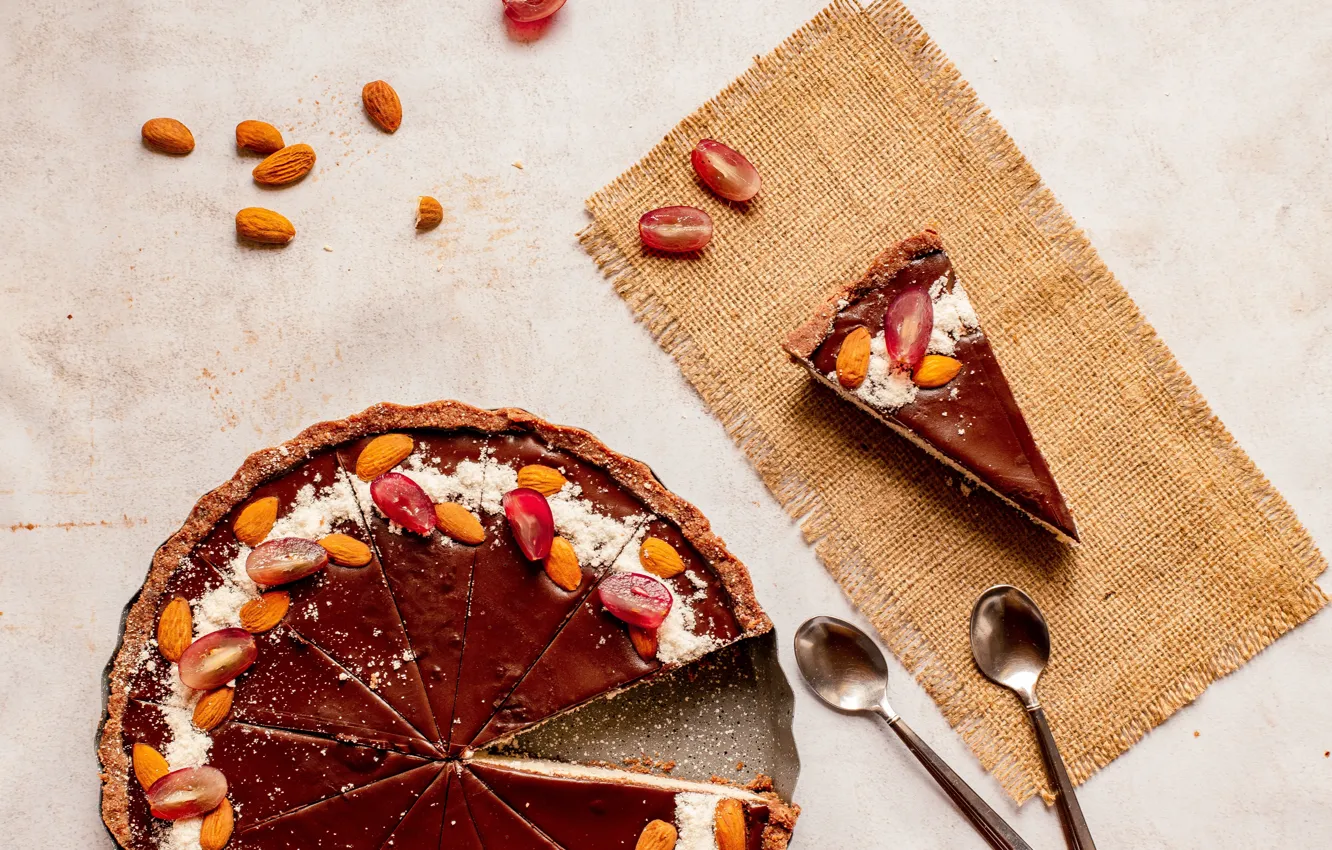 Photo wallpaper food, chocolate, pie, grapes, spoon, fabric, nuts, cakes