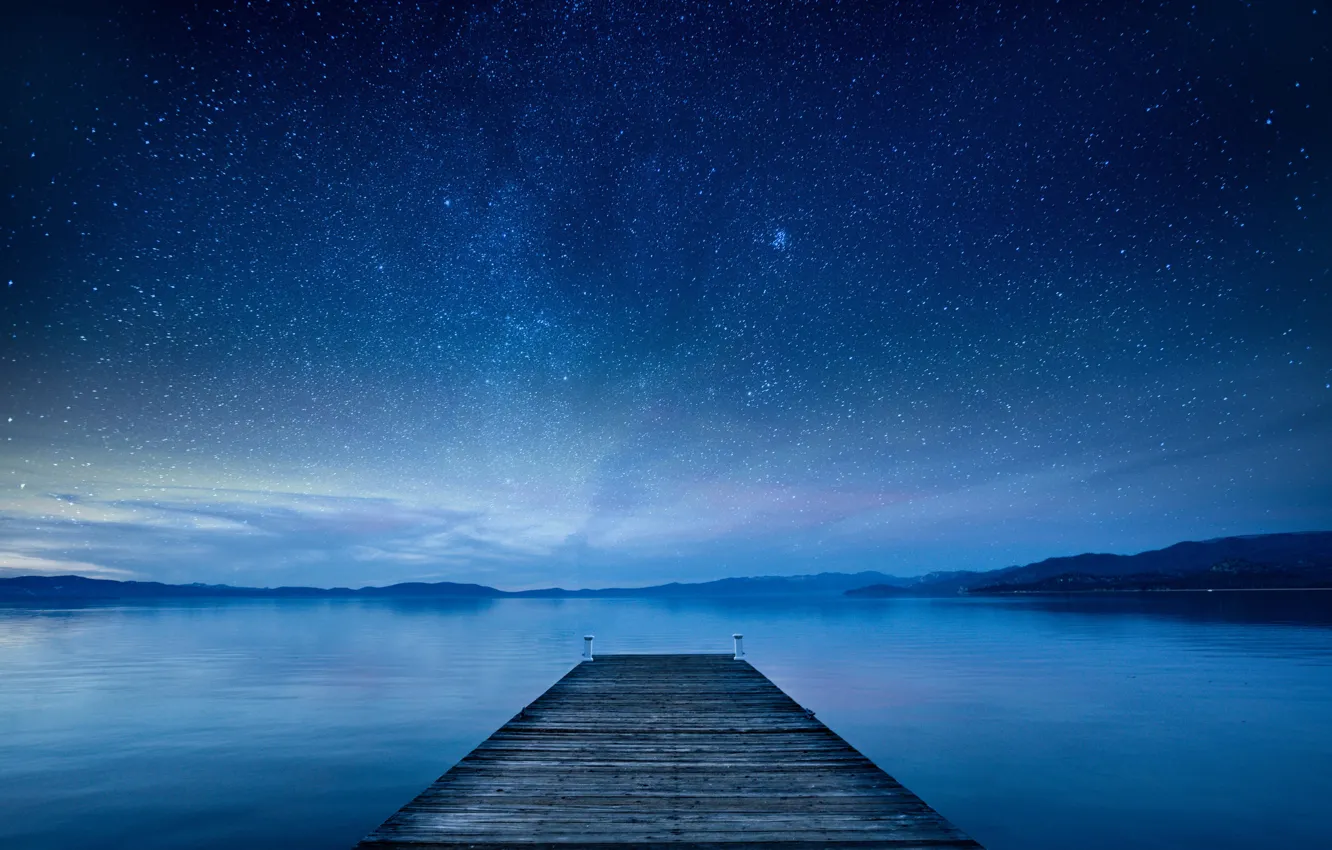 Photo wallpaper the sky, stars, nature, lake, pier