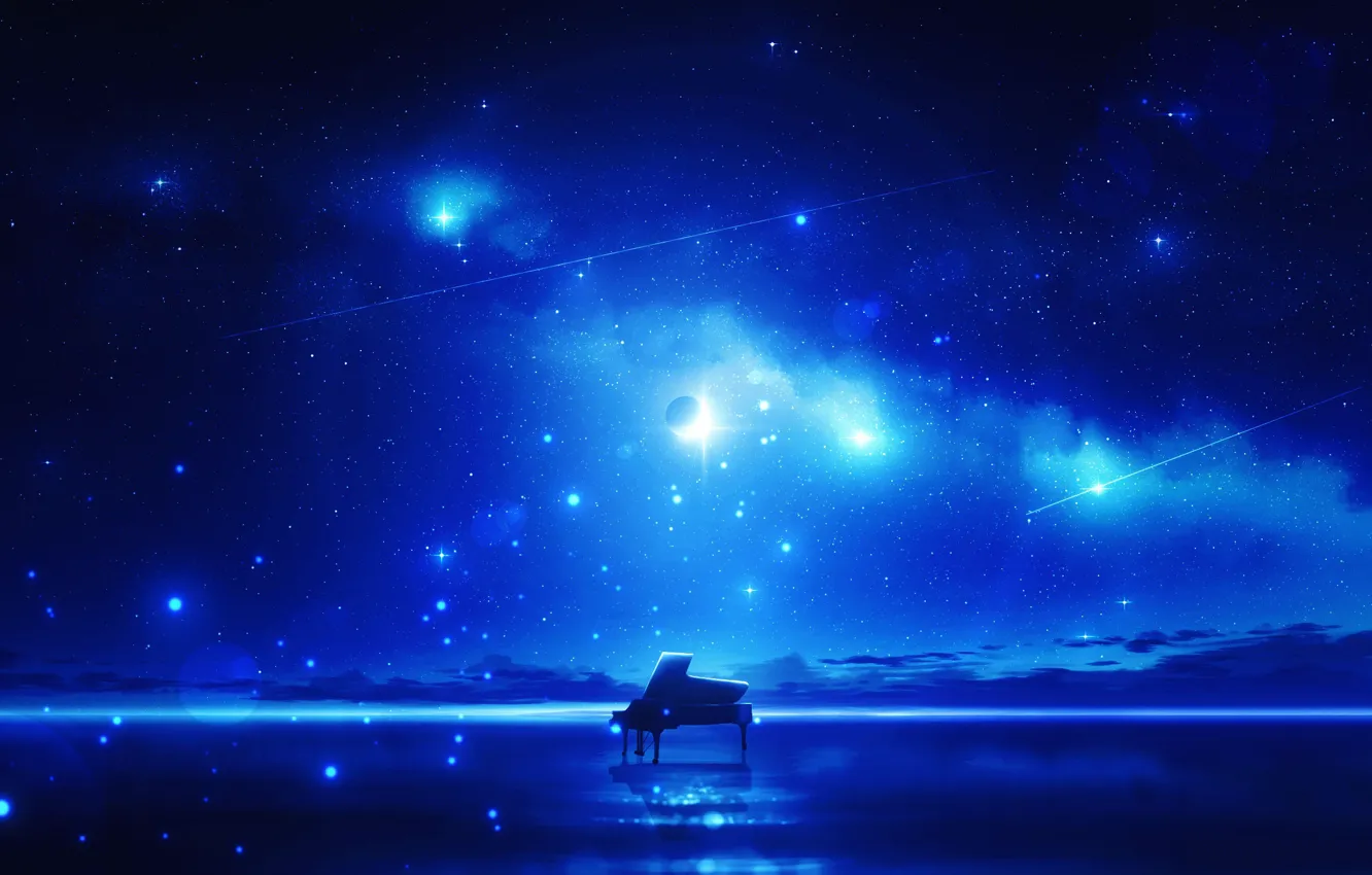 Photo wallpaper the sky, water, night, music, piano