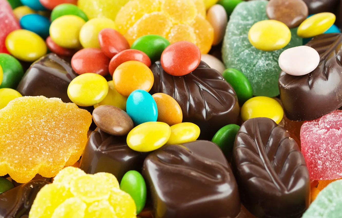Photo wallpaper colored, chocolate, candy, sweet, pills, marmalade
