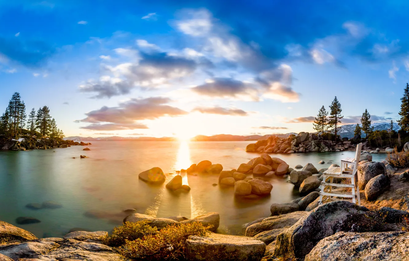 Photo wallpaper the sun, rays, trees, landscape, sunset, mountains, nature, lake