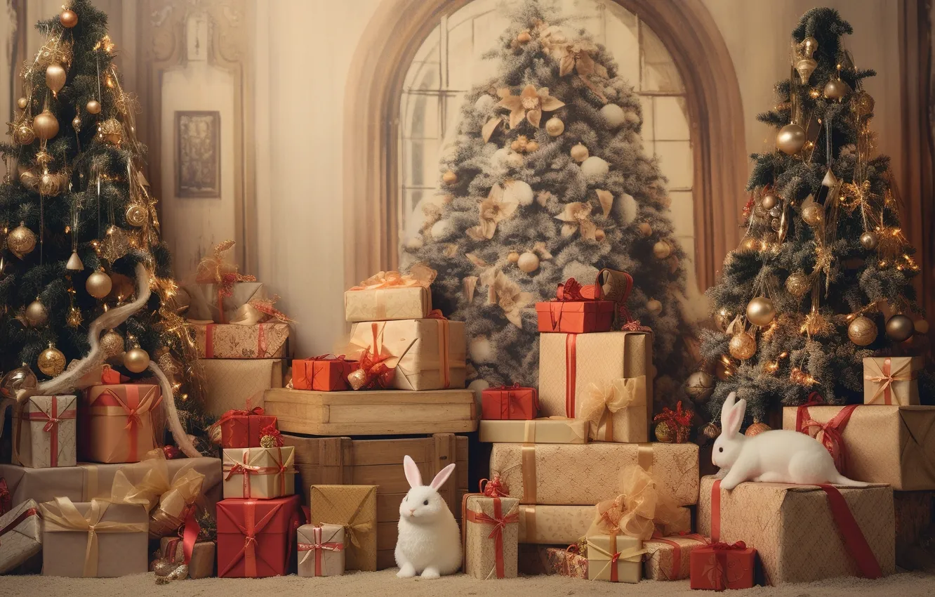 Photo wallpaper decoration, gift, balls, tree, new year, Christmas, Christmas, balls