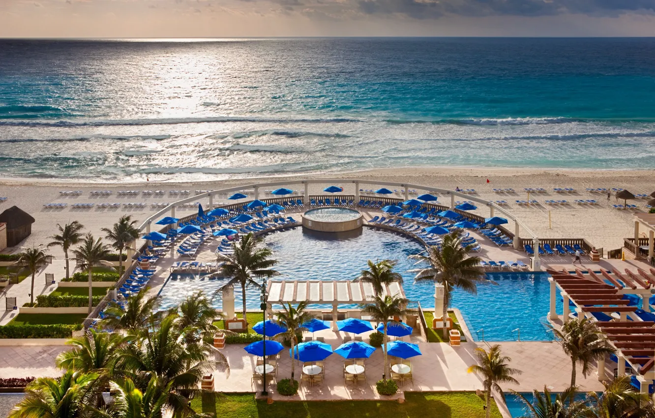 Photo wallpaper beach, palm trees, the ocean, the evening, pool, resort