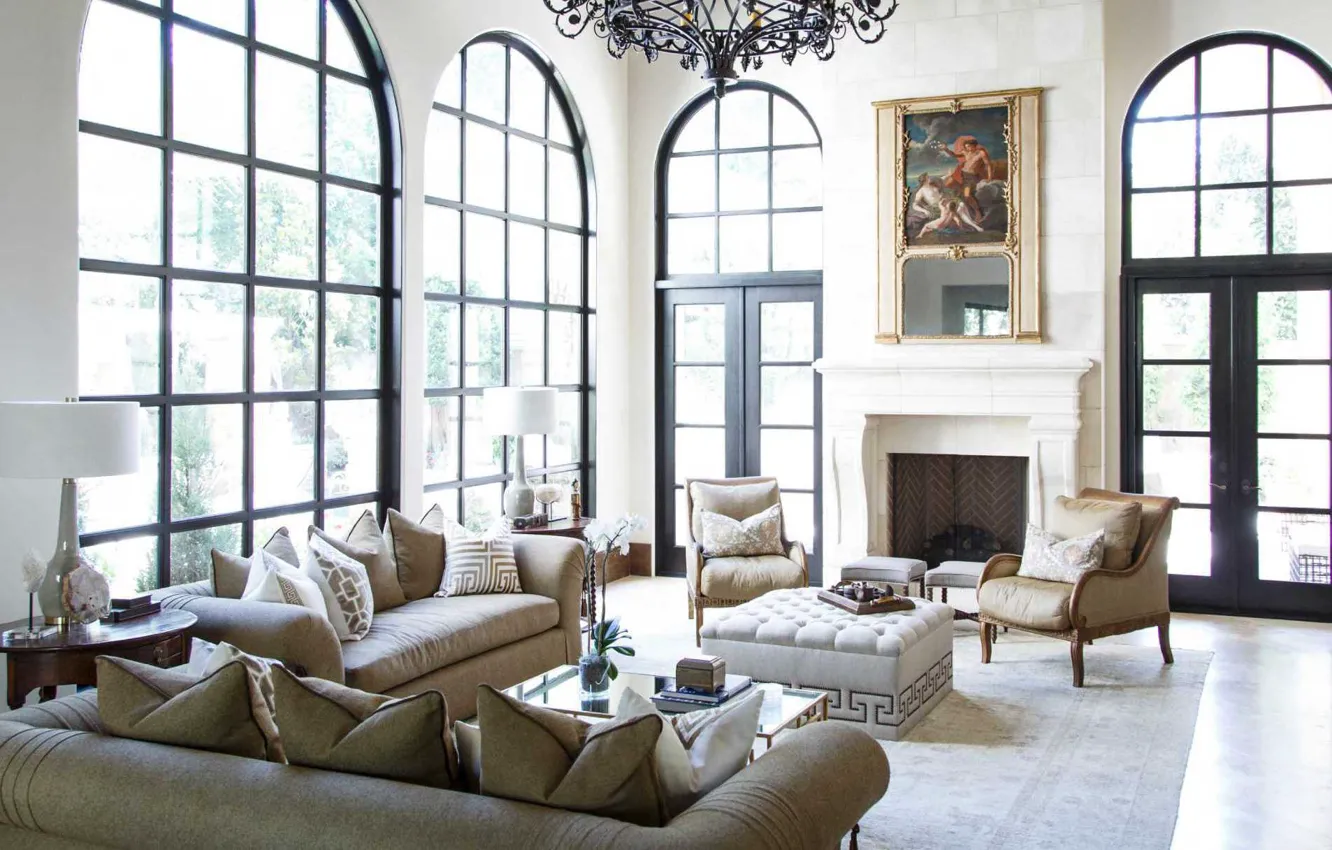 Photo wallpaper Villa, interior, fireplace, living room, River Oaks home