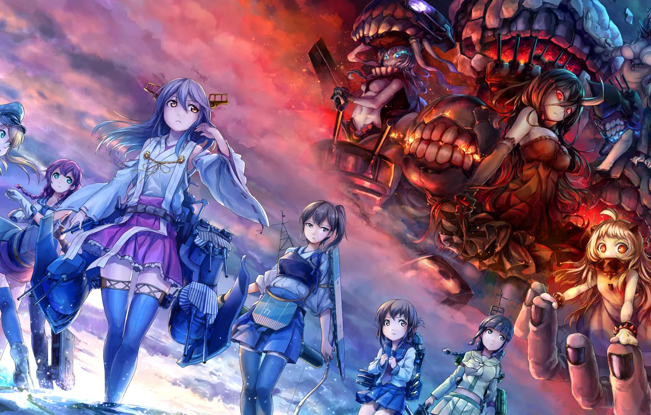 Photo wallpaper the sky, clouds, weapons, girls, the ocean, anime, bow, art